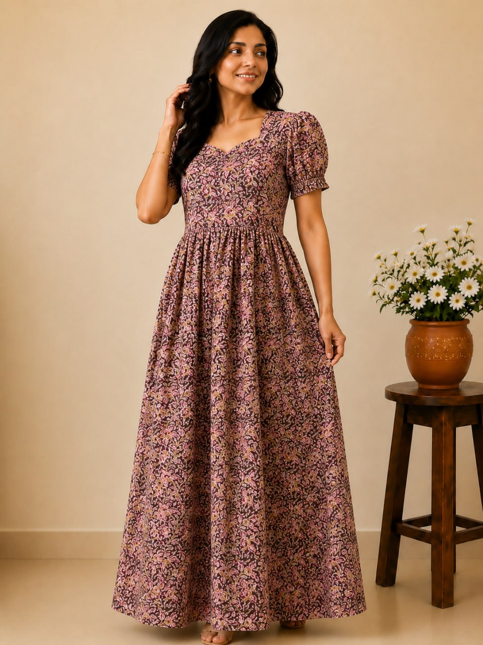 KF 015 Block Kalamkari frock Height Puff Sleeve YY1 YY2