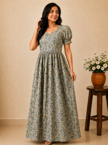KF 013 Block Kalamkari frock Height Puff Sleeve YY1 YY2
