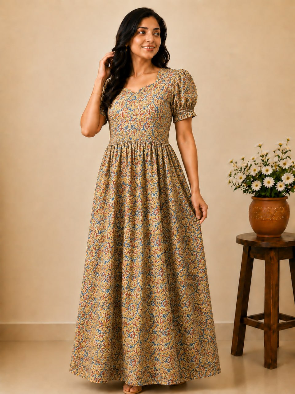 KF 011 Block Kalamkari frock Height Puff Sleeve YY1 YY2