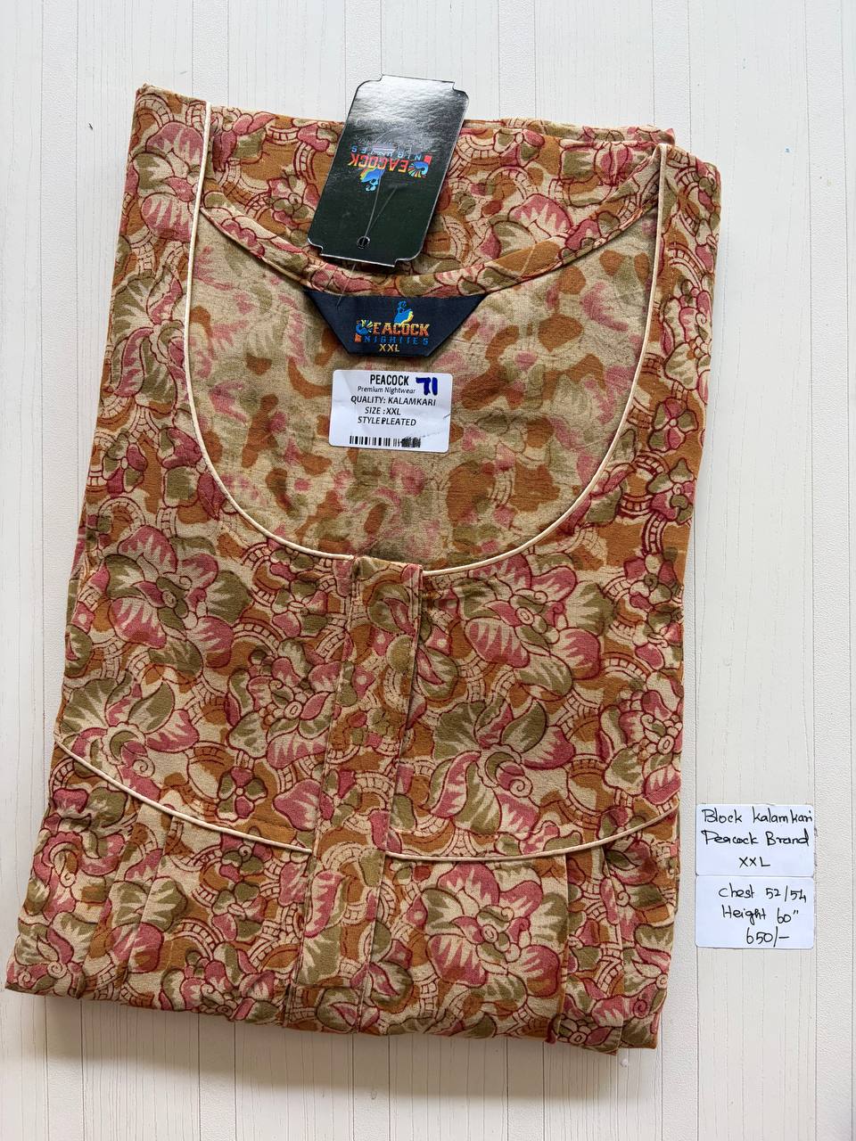 CKS014 #71 Height Block Kalamkari peacock Pleats zip Kalamkari Nighty