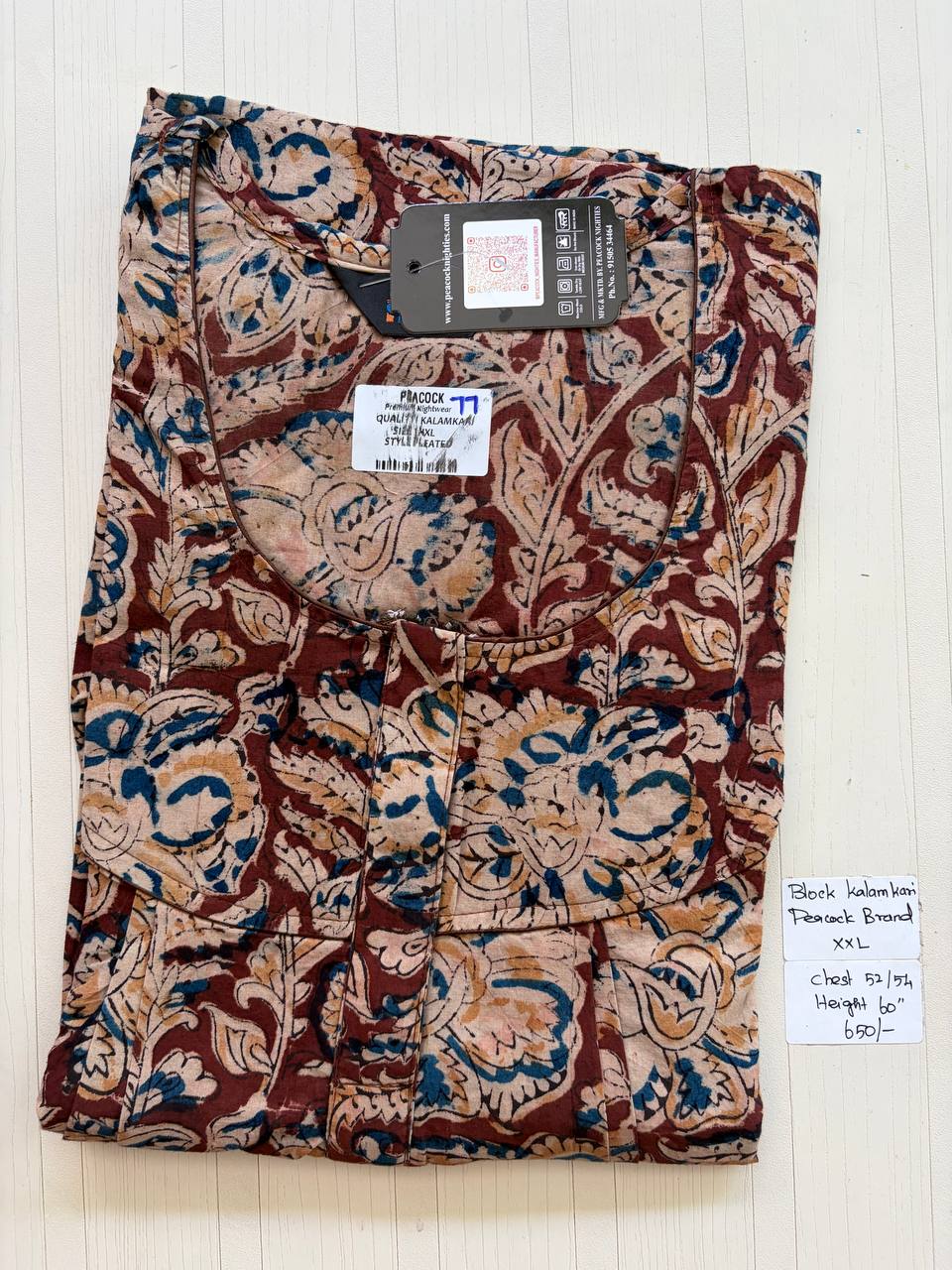 CKS003 #77 Height Block Kalamkari peacock Pleats zip Kalamkari Nighty