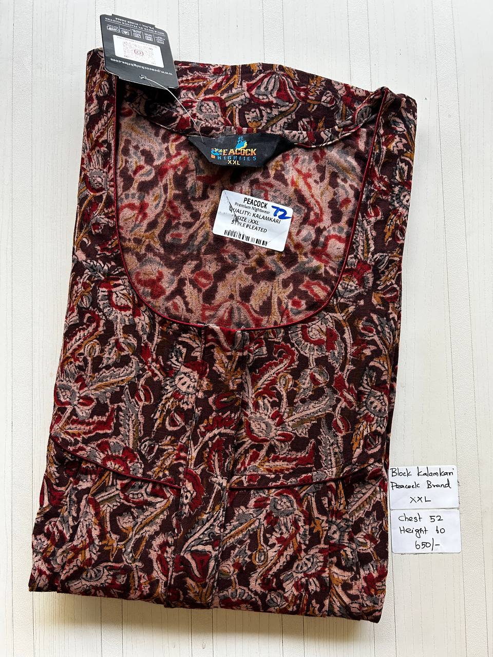CKS039 #72 Height Block Kalamkari peacock Pleats zip Kalamkari Nighty