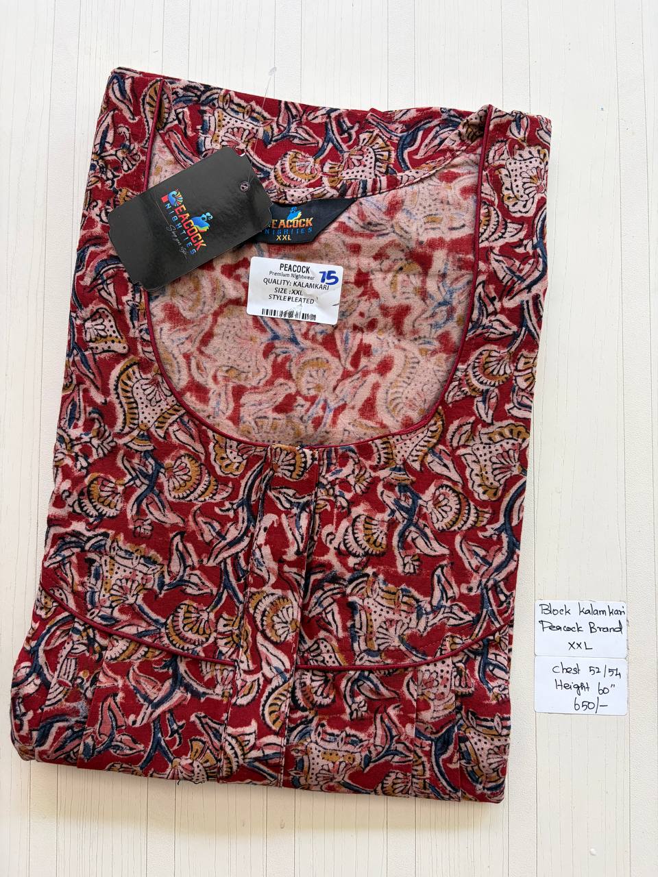 CKS018 #75 Height Block Kalamkari peacock Pleats zip Kalamkari Nighty