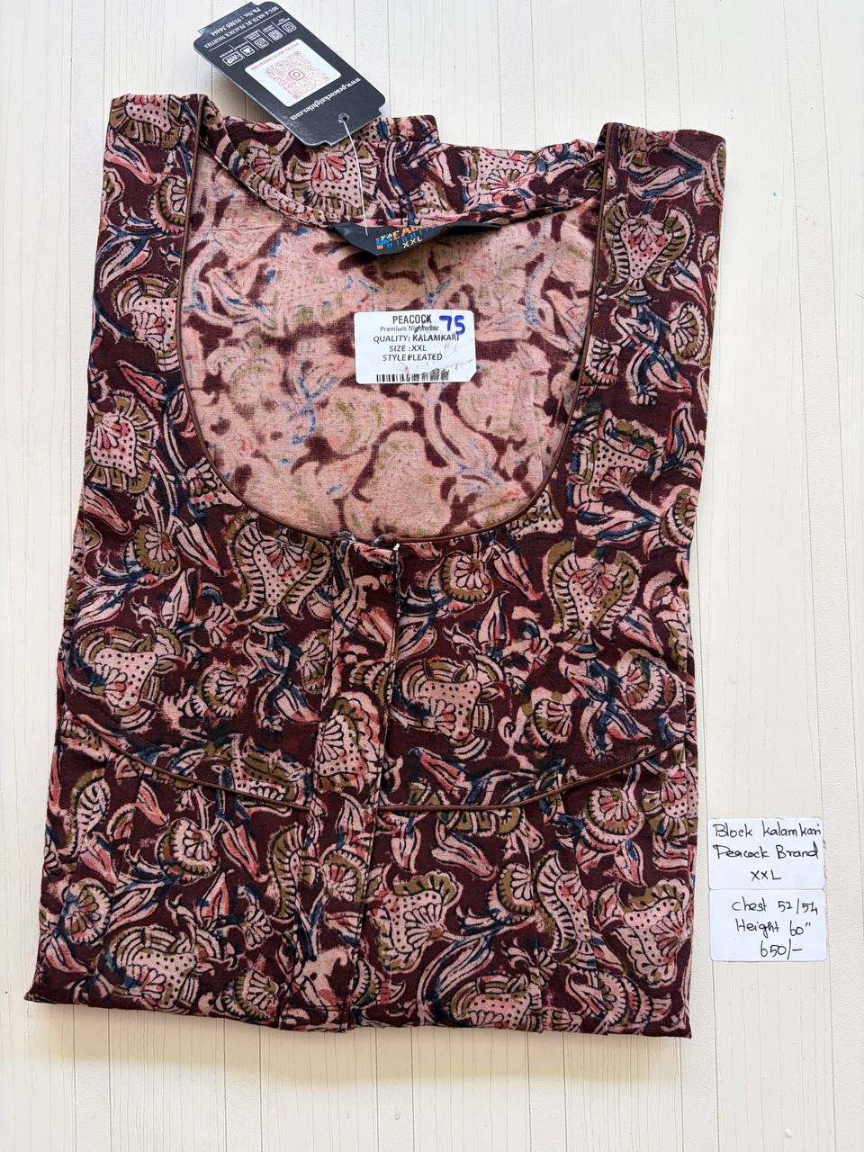 CKS019 #75 Height Block Kalamkari peacock Pleats zip Kalamkari Nighty