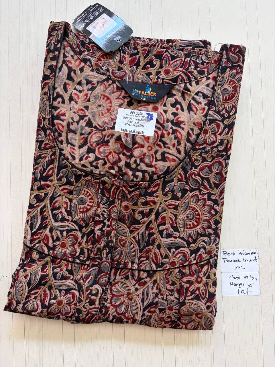 CKS006 #78 Height Block Kalamkari peacock Pleats zip Kalamkari Nighty