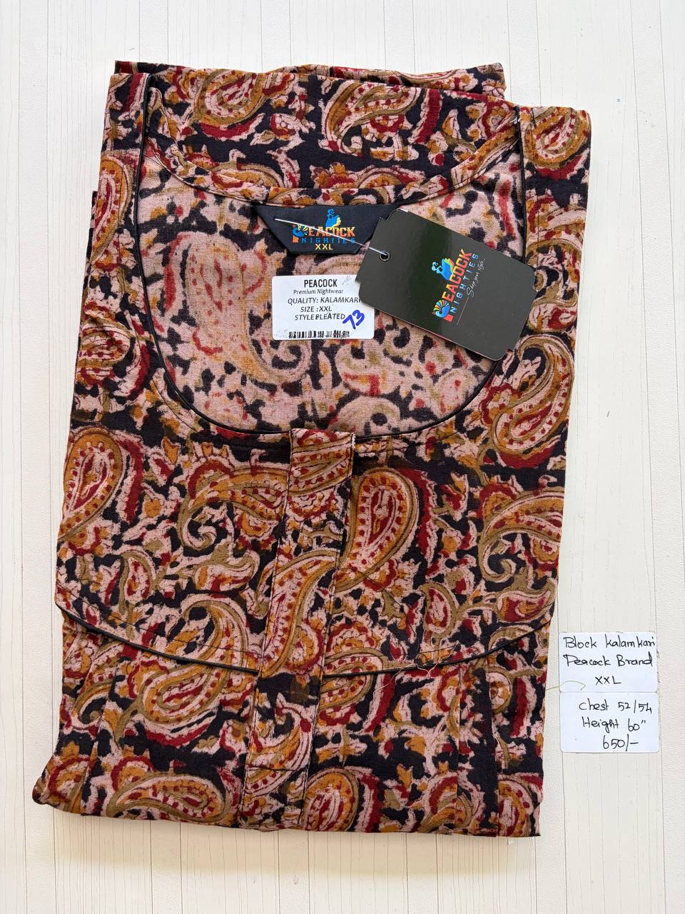 CKS021 #73 Height Block Kalamkari peacock Pleats zip Kalamkari Nighty