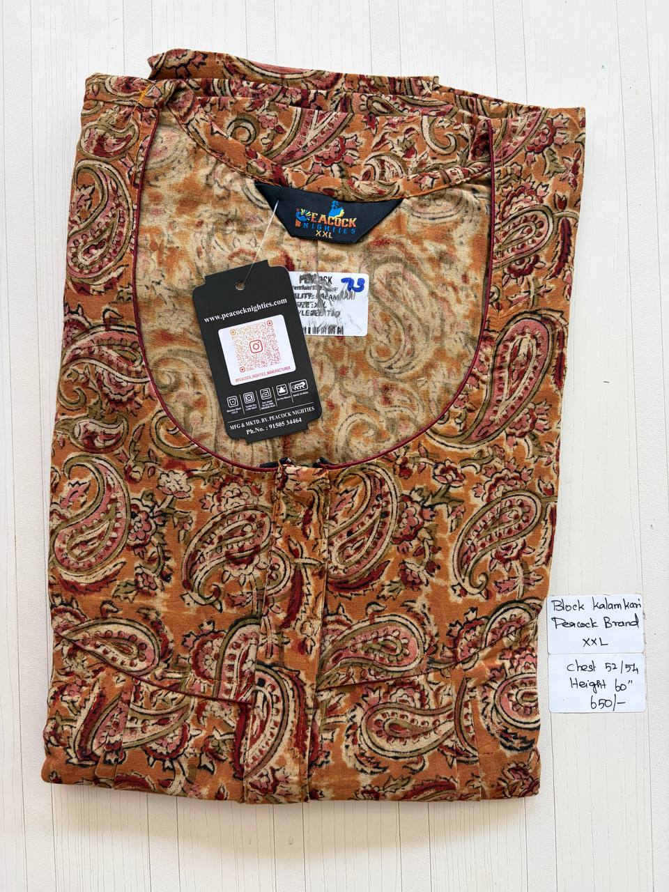 CKS023 #73 Height Block Kalamkari peacock Pleats zip Kalamkari Nighty