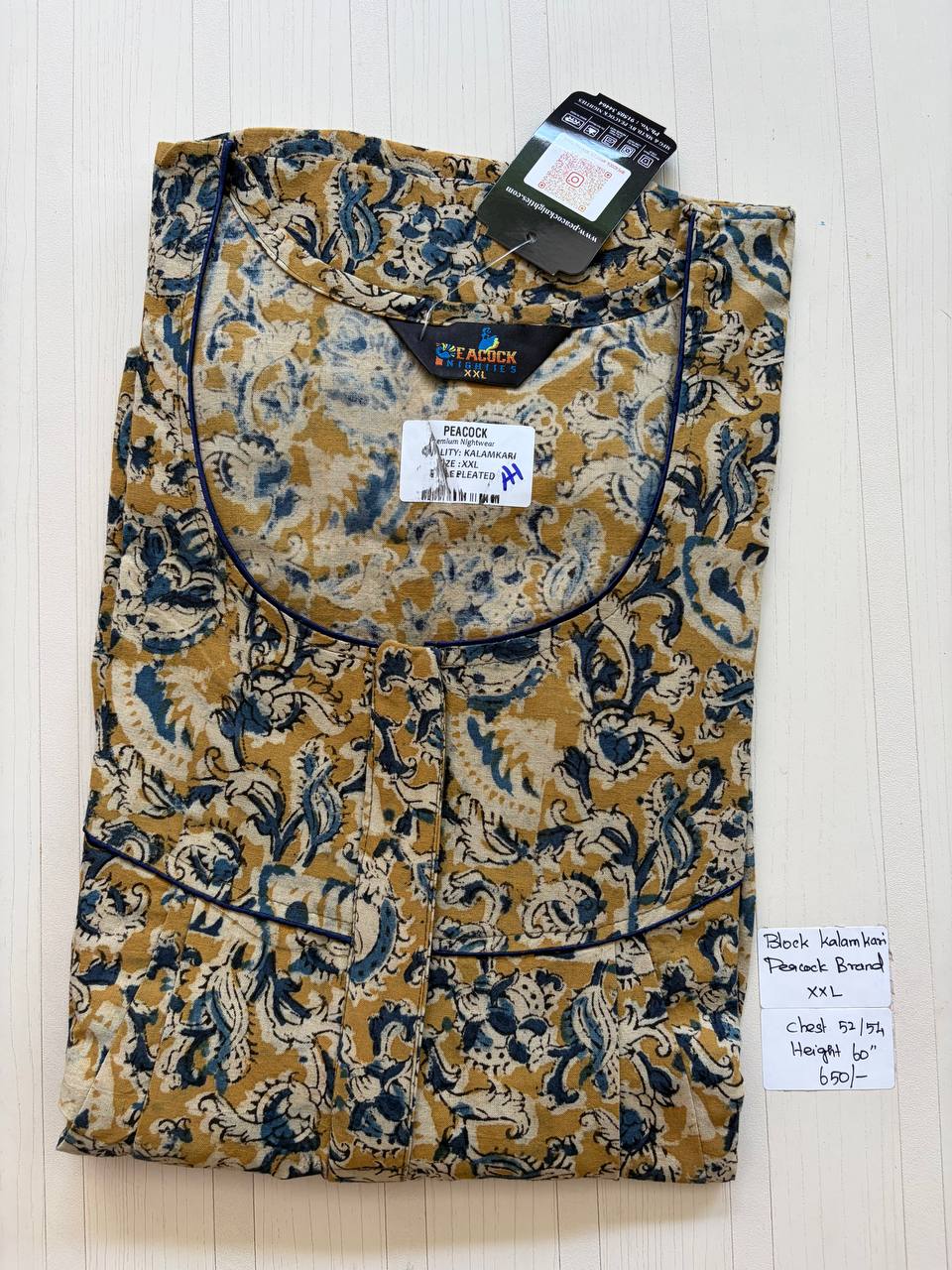 CKS024 #A1 Height Block Kalamkari peacock Pleats zip Kalamkari Nighty