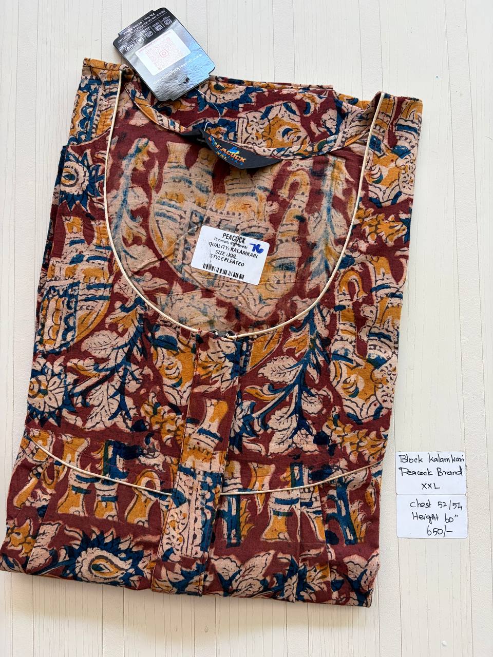 CKS008 #76 Height Block Kalamkari peacock Pleats zip Kalamkari Nighty