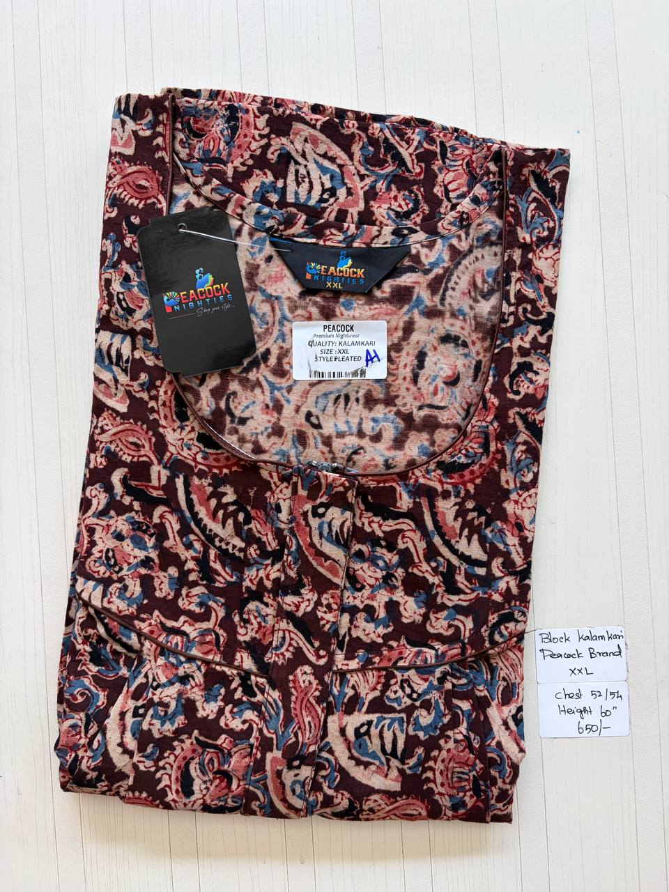 CKS026 #A1 Height Block Kalamkari peacock Pleats zip Kalamkari Nighty