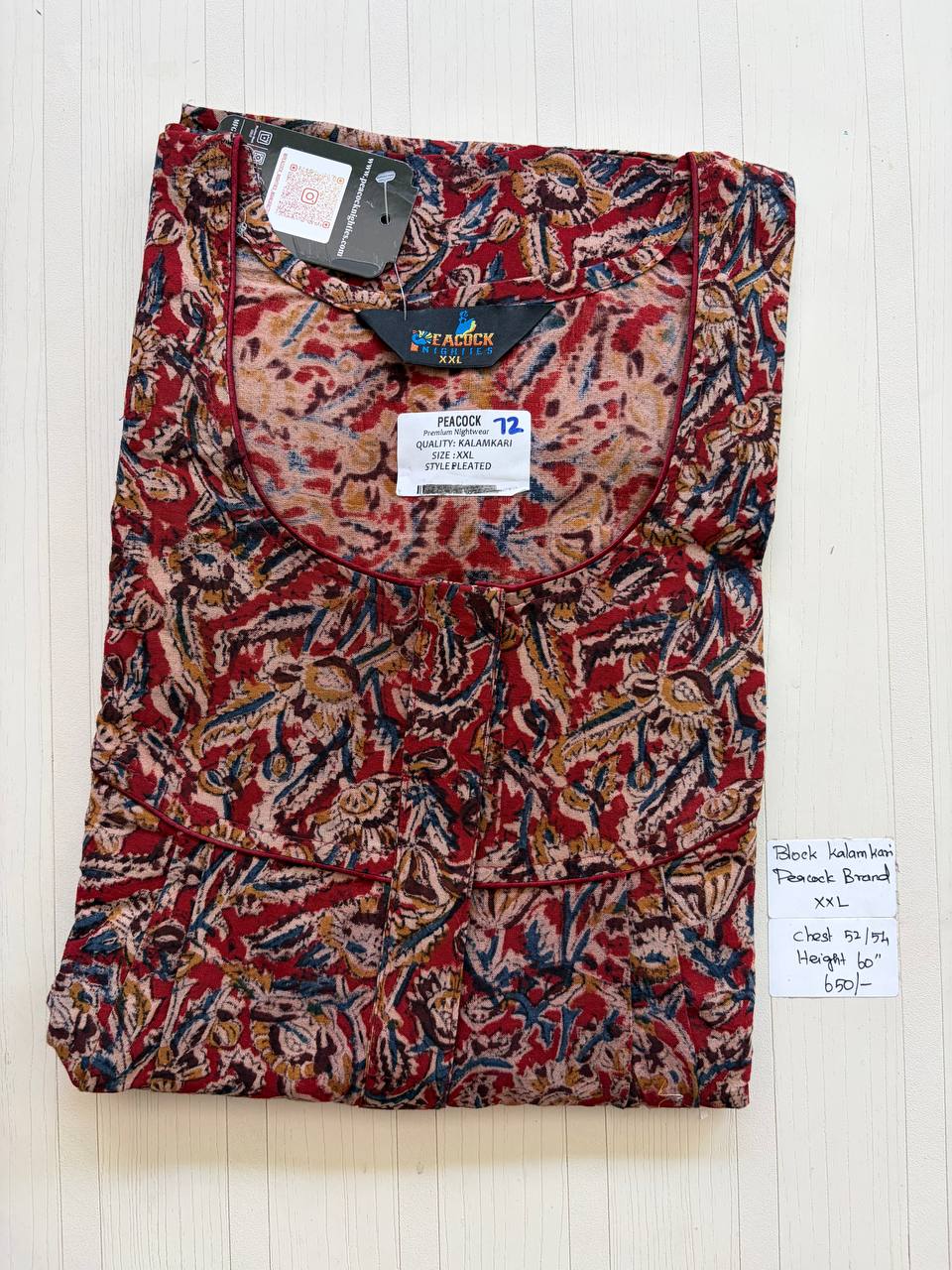 CKS029 #72 Height Block Kalamkari peacock Pleats zip Kalamkari Nighty
