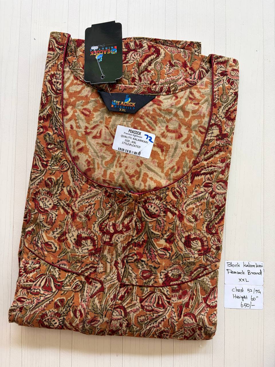 CKS030 #72 Height Block Kalamkari peacock Pleats zip Kalamkari Nighty