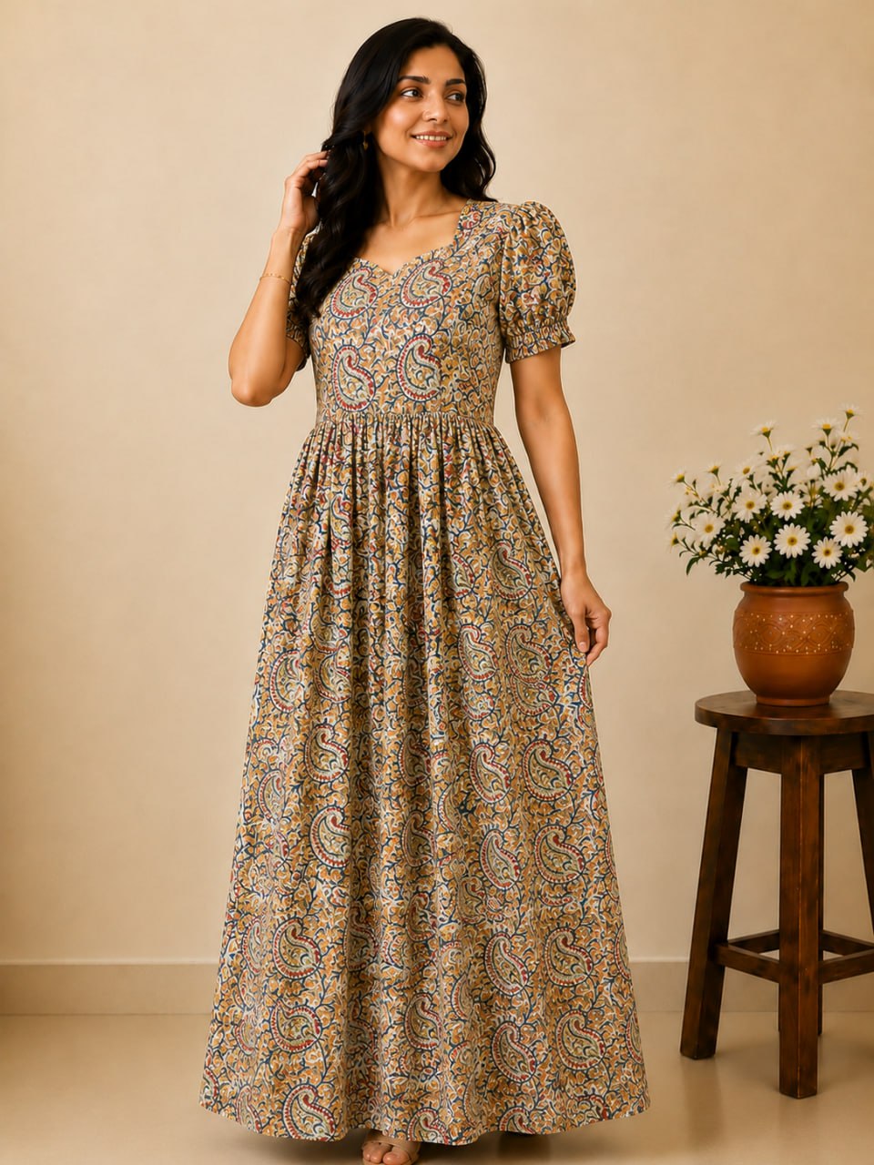 KF 018 Block Kalamkari frock Height Puff Sleeve YY1 YY2