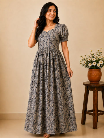 KF 016 Block Kalamkari frock Height Puff Sleeve YY1 YY2