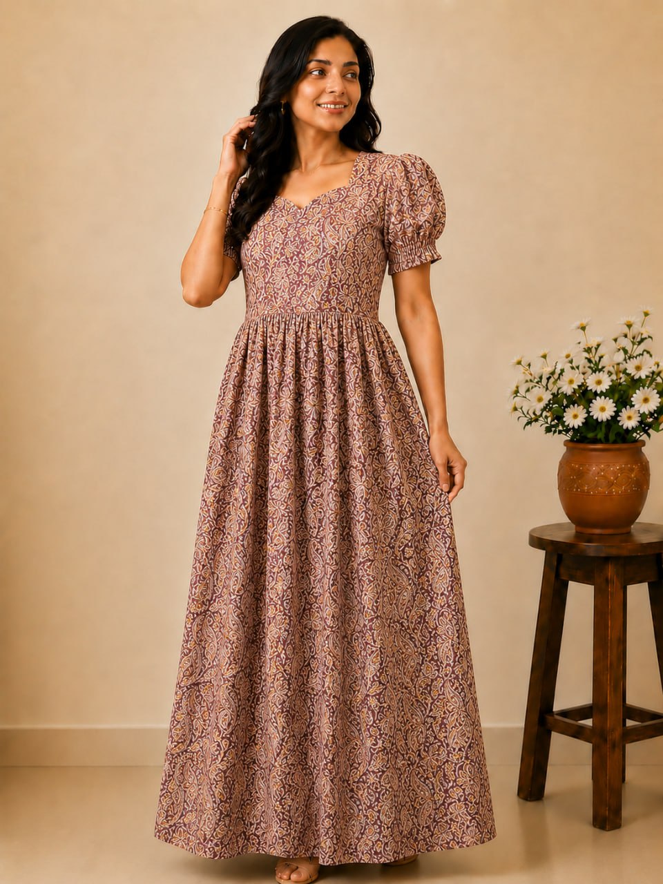 KF 010 Block Kalamkari frock Height Puff Sleeve YY1 YY2